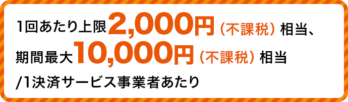 1回あたり上限2,000円（不課税）相当、 期間最大10,000円（不課税）相当 /1決済サービス事業者あたり